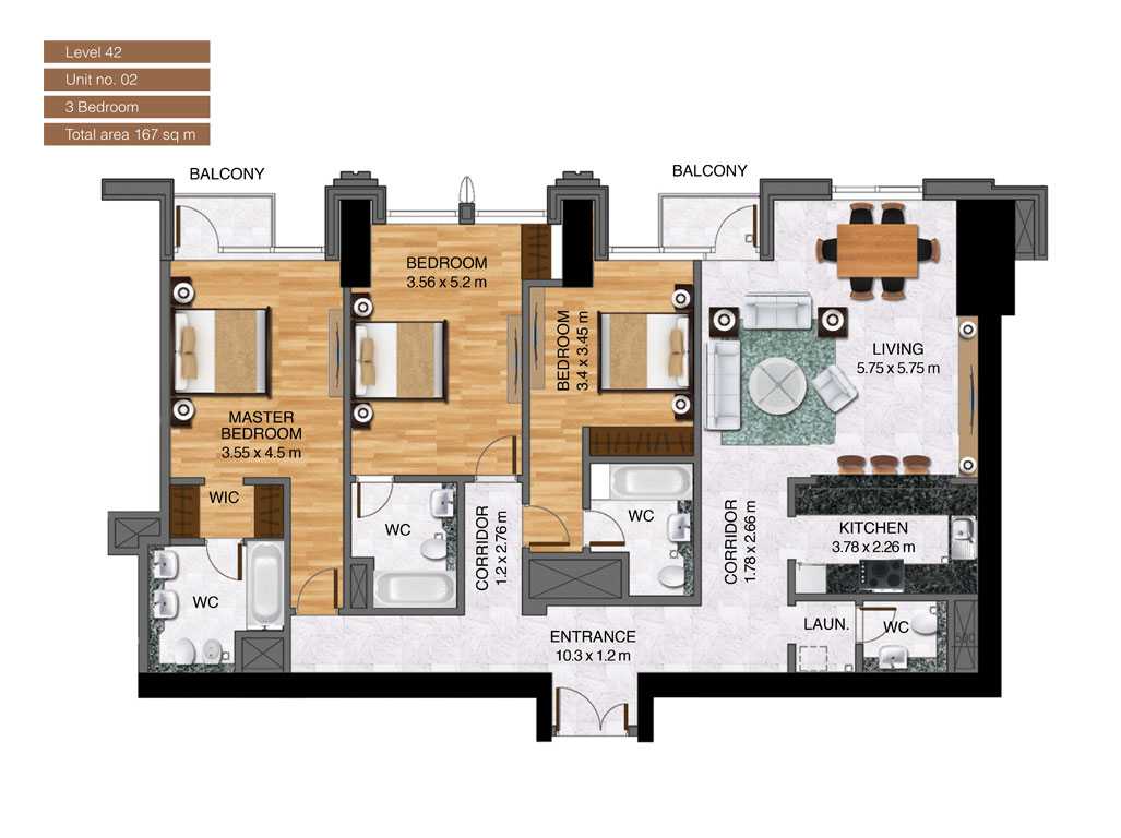 Level-42,Unit-no-2-,3-Bedroom-,Size-167-Sq m